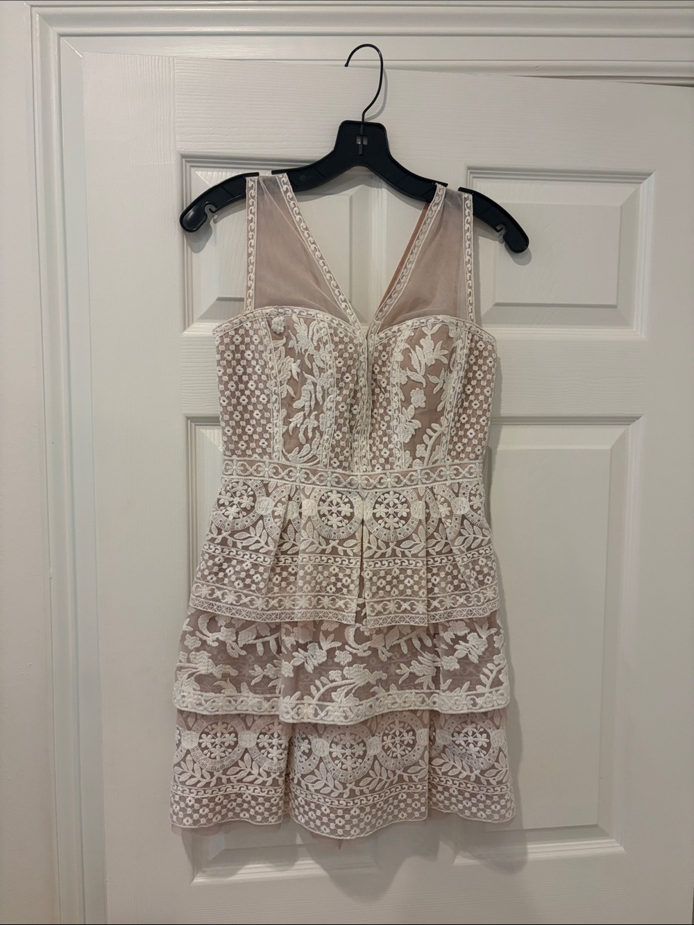 BCBGMaxAzria Blush and White Lace Tiered Mini Dress